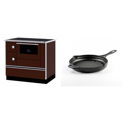 Set Küchenofen / Küchenhexe mit Backofen und Kochplatte Alfa Plam, Modell Alfa 90 H Favorit Braun Rechts, Leistung 6.4kW + Emaillierte grillpfanne Gusseisen Solagio, Black Onyx, Ф24cm - Kaminofen - Holzofen mit Backfach