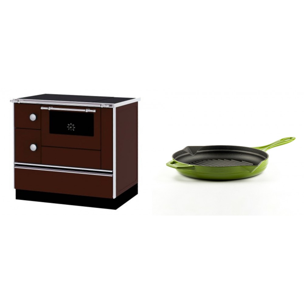 Set Küchenofen / Küchenhexe mit Backofen und Kochplatte Alfa Plam, Modell Alfa 90 H Favorit Braun Rechts, Leistung 6.4kW + Emaillierte grillpfanne Gusseisen Solagio, Bamboo, Ф24cm
