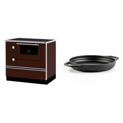 Set Küchenofen / Küchenhexe mit Backofen und Kochplatte Alfa Plam, Modell Alfa 90 H Favorit Braun Rechts, Leistung 6.4kW + Emaillierte gusseisenpfanne mit zwei Griffen Solagio, Black Onyx, Ф22cm - Kaminofen - Holzofen mit Backfach