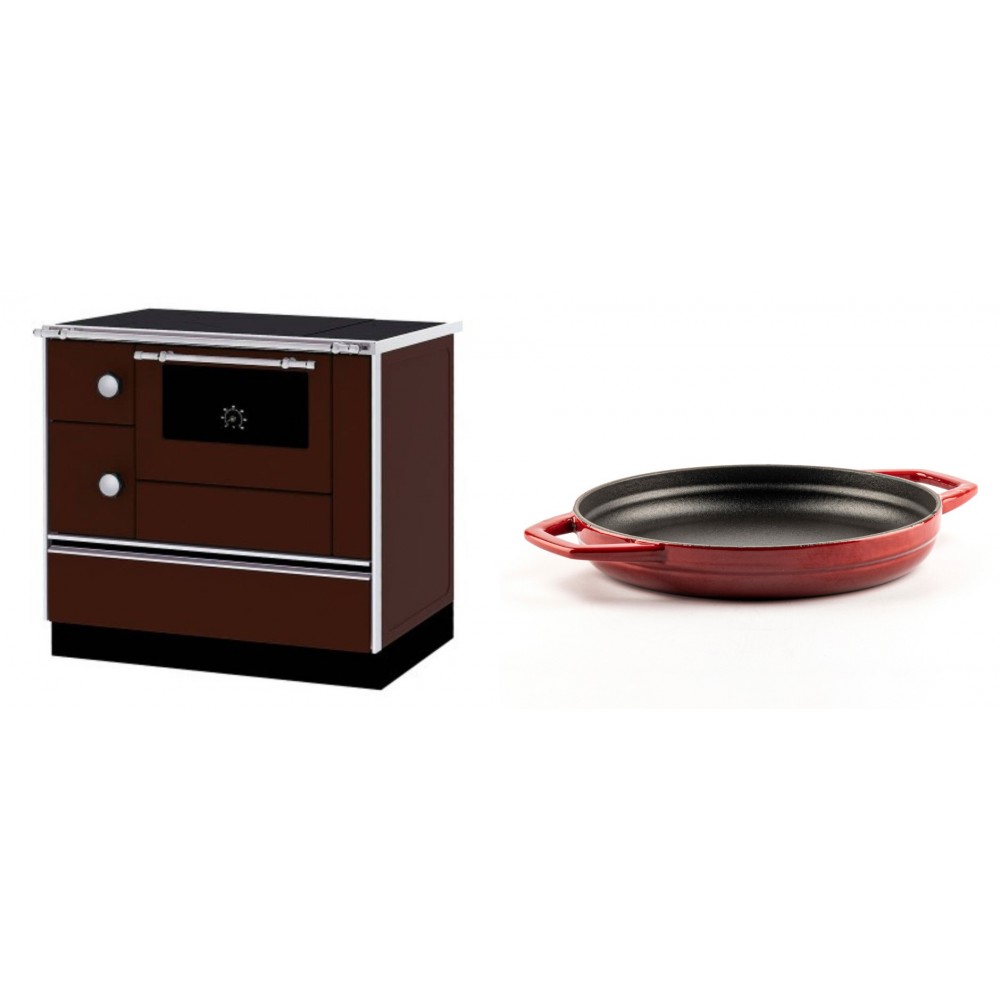 Set Küchenofen / Küchenhexe mit Backofen und Kochplatte Alfa Plam, Modell Alfa 90 H Favorit Braun Rechts, Leistung 6.4kW + Emaillierte gusseisenpfanne mit zwei Griffen Solagio, Rubin, Ф22cm | Kaminofen - Holzofen mit Backfach | Kaminofen |
