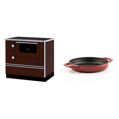 Set Küchenofen / Küchenhexe mit Backofen und Kochplatte Alfa Plam, Modell Alfa 90 H Favorit Braun Rechts, Leistung 6.4kW + Emaillierte gusseisenpfanne mit zwei Griffen Solagio, Rubin, Ф19cm - Kaminofen - Holzofen mit Backfach