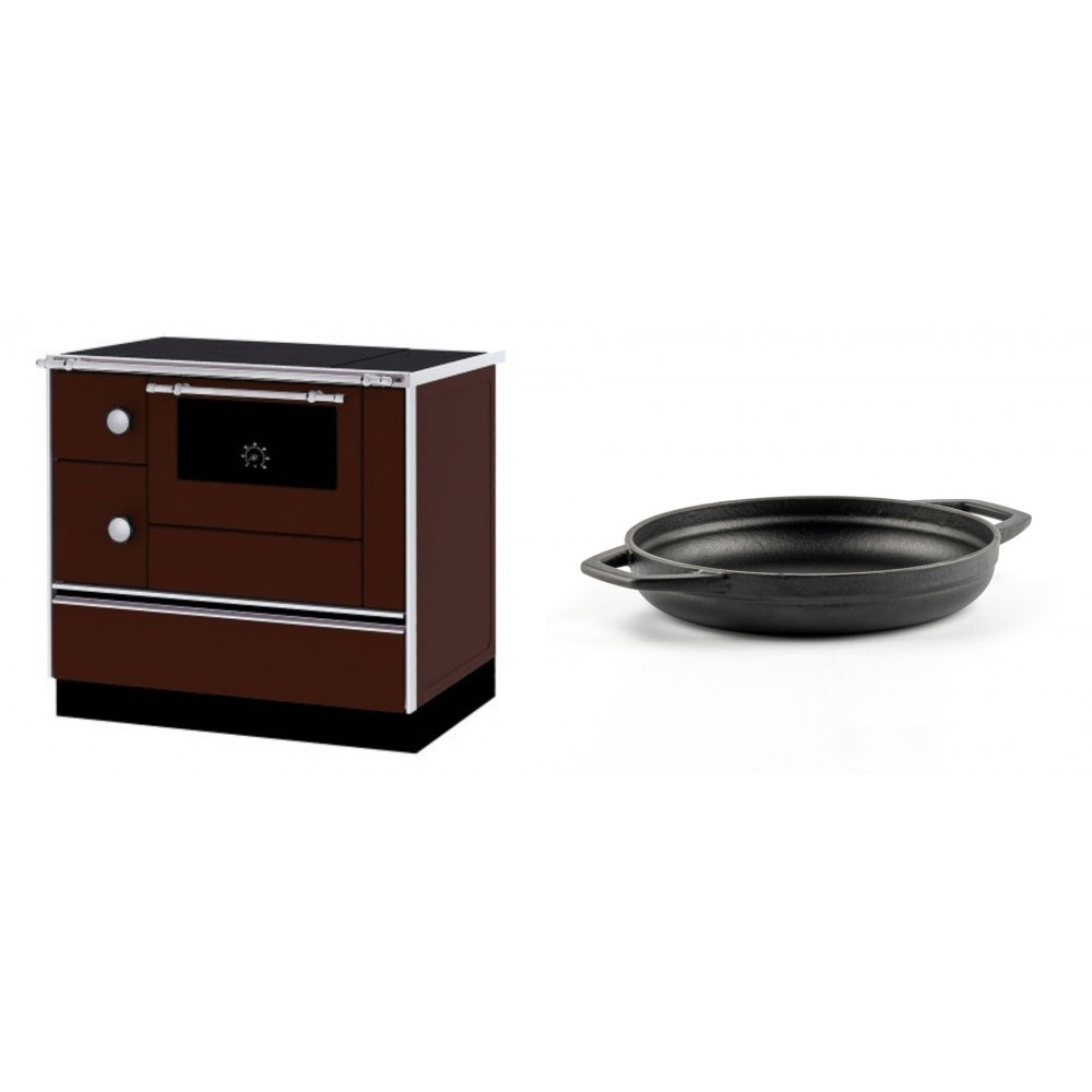 Set Küchenofen / Küchenhexe mit Backofen und Kochplatte Alfa Plam, Modell Alfa 90 H Favorit Braun Rechts, Leistung 6.4kW + Emaillierte gusseisenpfanne mit zwei Griffen Solagio, Black Onyx, Ф19cm