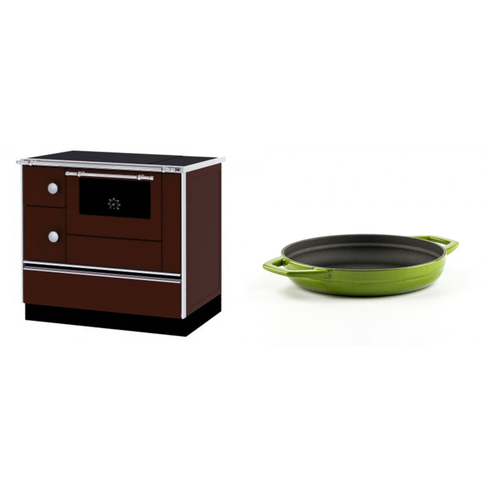 Set Küchenofen / Küchenhexe mit Backofen und Kochplatte Alfa Plam, Modell Alfa 90 H Favorit Braun Rechts, Leistung 6.4kW + Emaillierte gusseisenpfanne mit zwei Griffen Solagio, Bamboo, Ф19cm | Kaminofen - Holzofen mit Backfach | Kaminofen |