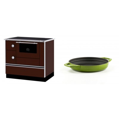 Set Küchenofen / Küchenhexe mit Backofen und Kochplatte Alfa Plam, Modell Alfa 90 H Favorit Braun Rechts, Leistung 6.4kW + Emaillierte gusseisenpfanne mit zwei Griffen Solagio, Bamboo, Ф19cm - Kaminofen - Holzofen mit Backfach