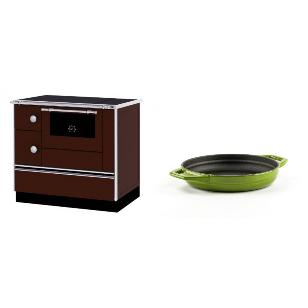 Set Küchenofen / Küchenhexe mit Backofen und Kochplatte Alfa Plam, Modell Alfa 90 H Favorit Braun Rechts, Leistung 6.4kW + Emaillierte gusseisenpfanne mit zwei Griffen Solagio, Bamboo, Ф16cm