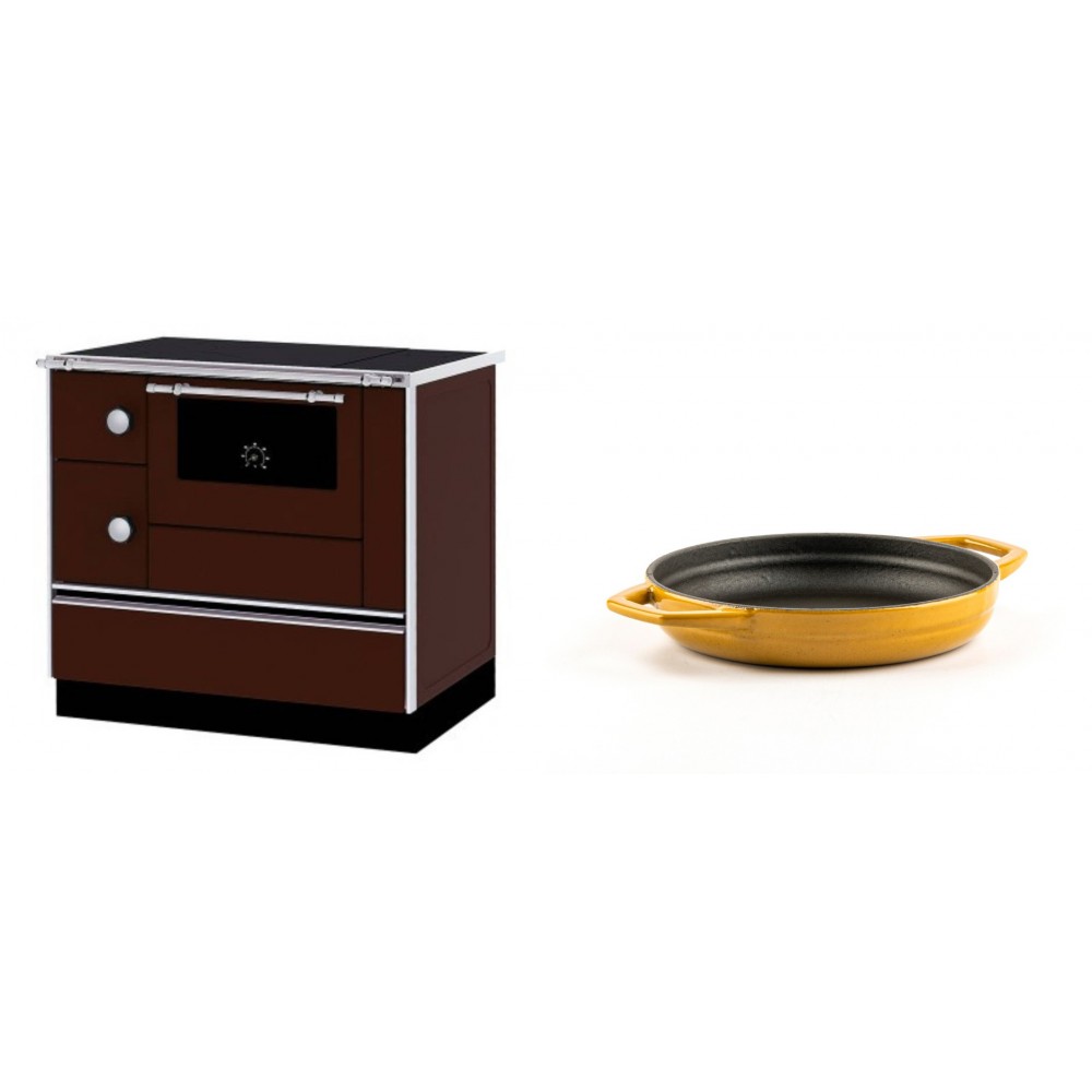 Set Küchenofen / Küchenhexe mit Backofen und Kochplatte Alfa Plam, Modell Alfa 90 H Favorit Braun Rechts, Leistung 6.4kW + Emaillierte gusseisenpfanne mit zwei Griffen Solagio, Dijon, Ф16cm