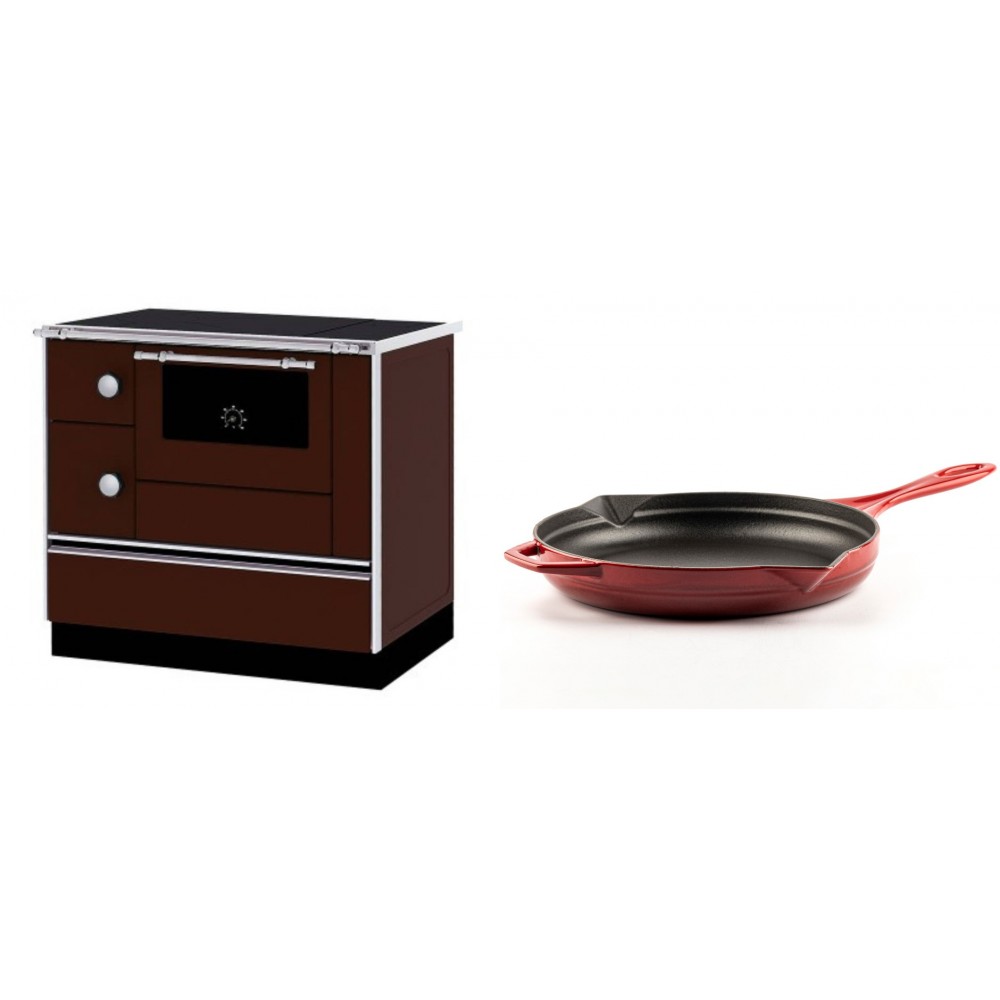 Set Küchenofen / Küchenhexe mit Backofen und Kochplatte Alfa Plam, Modell Alfa 90 H Favorit Braun Rechts, Leistung 6.4kW + Emaillierte Gusseisenpfanne Solagio, Rubin, Ф28cm | Kaminofen - Holzofen mit Backfach | Kaminofen |