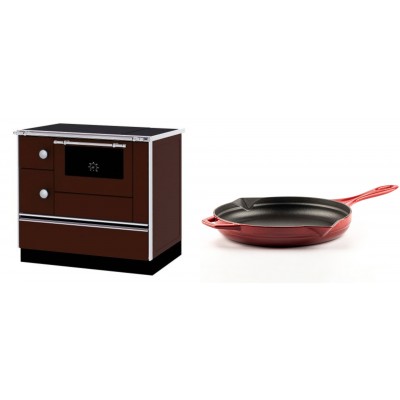 Set Küchenofen / Küchenhexe mit Backofen und Kochplatte Alfa Plam, Modell Alfa 90 H Favorit Braun Rechts, Leistung 6.4kW + Emaillierte Gusseisenpfanne Solagio, Rubin, Ф28cm - Kaminofen - Holzofen mit Backfach