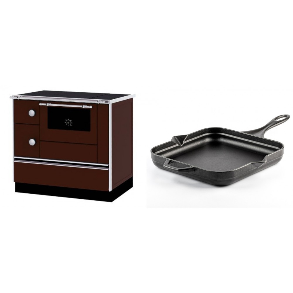 Set Küchenofen / Küchenhexe mit Backofen und Kochplatte Alfa Plam, Modell Alfa 90 H Favorit Braun Rechts, Leistung 6.4kW + Emaillierte Gusseisenpfanne Solagio, Black Onyx, 28x28cm | Kaminofen - Holzofen mit Backfach | Kaminofen |