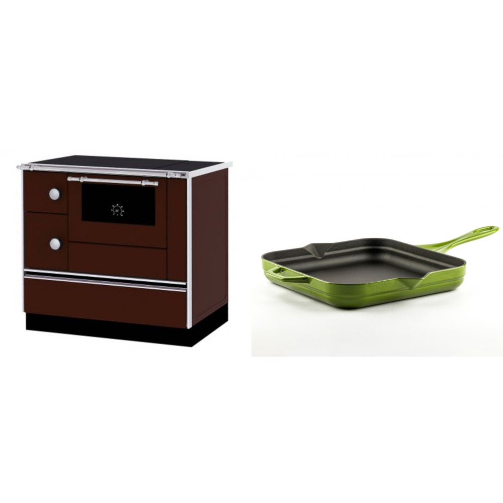 Set Küchenofen / Küchenhexe mit Backofen und Kochplatte Alfa Plam, Modell Alfa 90 H Favorit Braun Rechts, Leistung 6.4kW + Emaillierte Gusseisenpfanne Solagio, Bamboo, 28x28cm