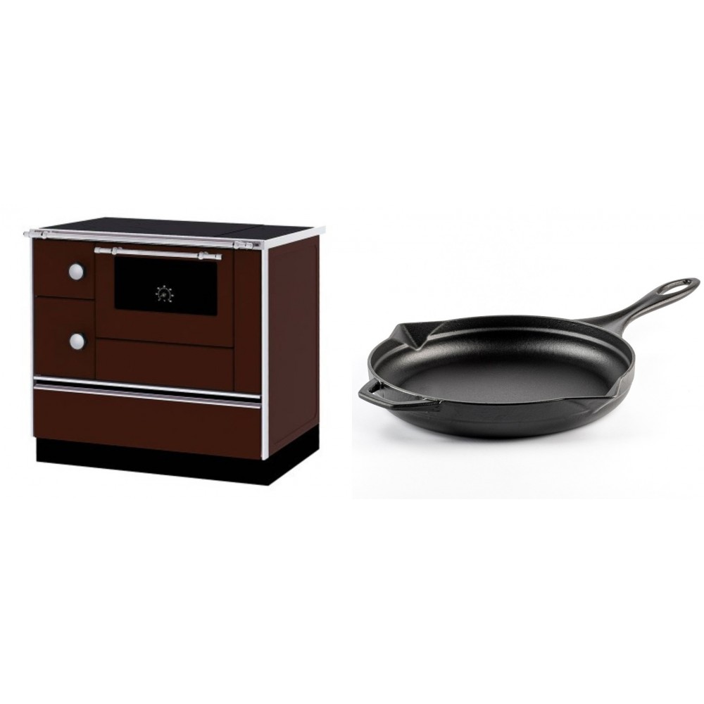 Set Küchenofen / Küchenhexe mit Backofen und Kochplatte Alfa Plam, Modell Alfa 90 H Favorit Braun Rechts, Leistung 6.4kW + Emaillierte Gusseisenpfanne Solagio, Black Onyx, Ф28cm | Kaminofen - Holzofen mit Backfach | Kaminofen |