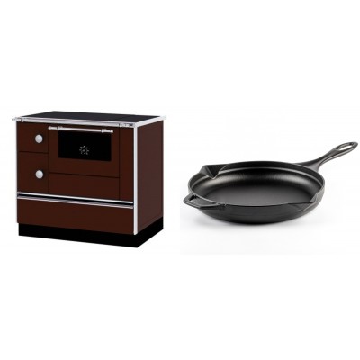 Set Küchenofen / Küchenhexe mit Backofen und Kochplatte Alfa Plam, Modell Alfa 90 H Favorit Braun Rechts, Leistung 6.4kW + Emaillierte Gusseisenpfanne Solagio, Black Onyx, Ф28cm - Kaminofen - Holzofen mit Backfach