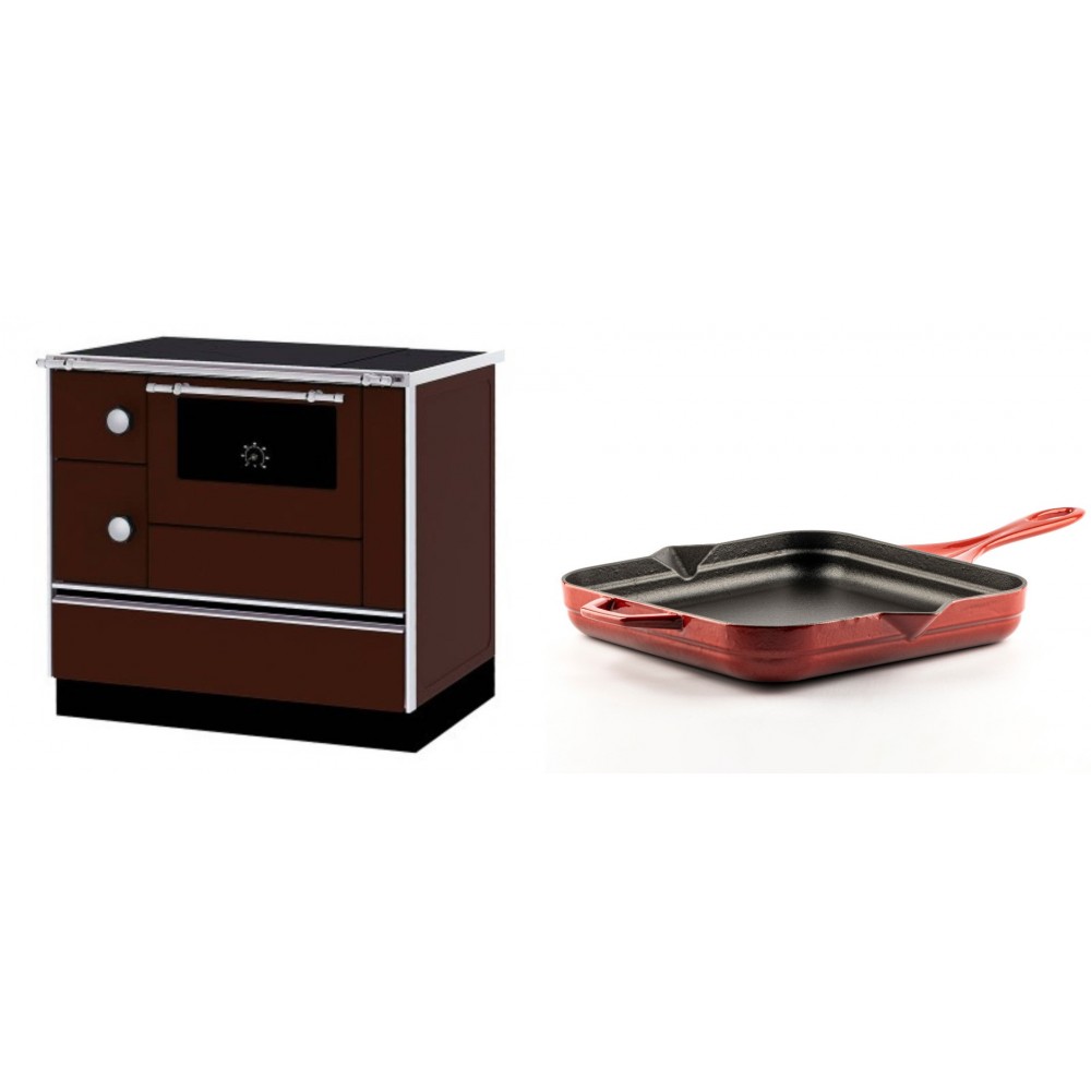 Set Küchenofen / Küchenhexe mit Backofen und Kochplatte Alfa Plam, Modell Alfa 90 H Favorit Braun Rechts, Leistung 6.4kW + Emaillierte Gusseisenpfanne Solagio, Rubin, 28x28cm | Kaminofen - Holzofen mit Backfach | Kaminofen |