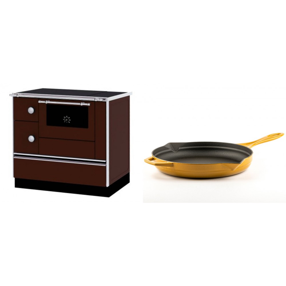 Set Küchenofen / Küchenhexe mit Backofen und Kochplatte Alfa Plam, Modell Alfa 90 H Favorit Braun Rechts, Leistung 6.4kW + Emaillierte Gusseisenpfanne Solagio, Dijon, Ф28cm