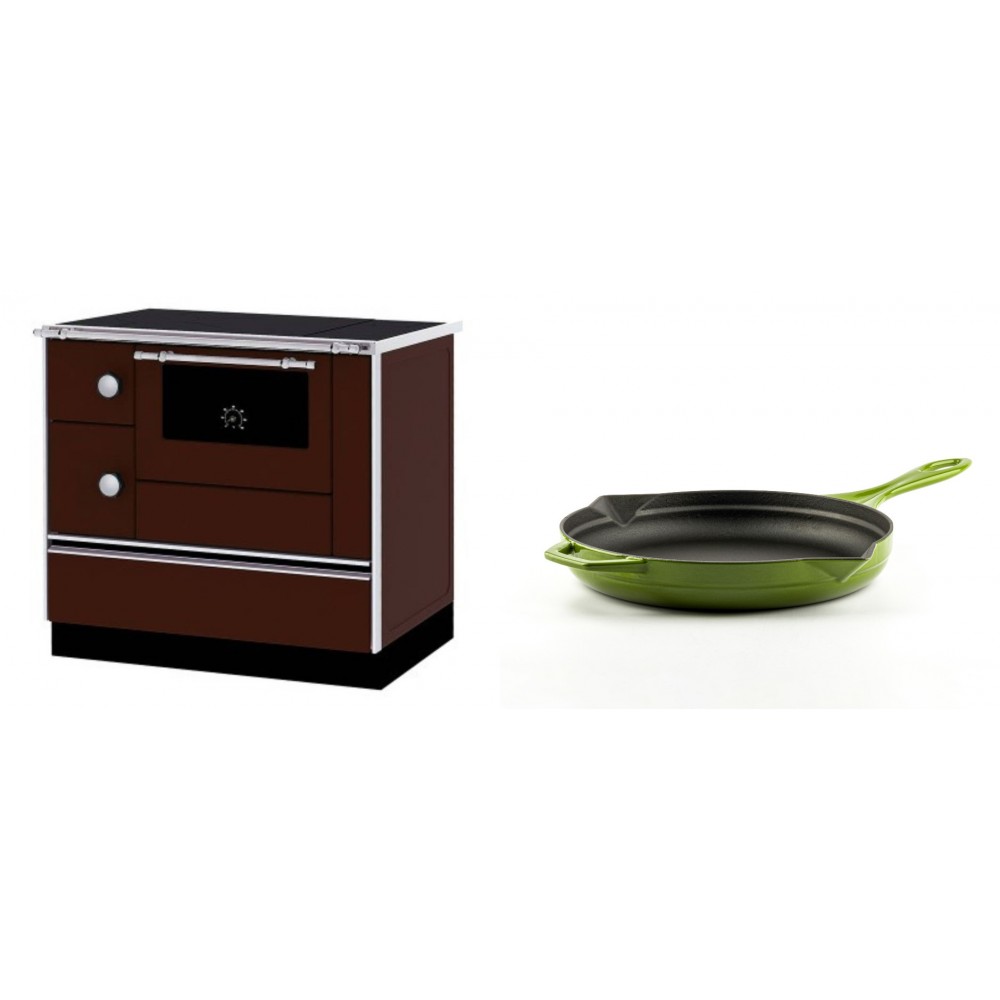 Set Küchenofen / Küchenhexe mit Backofen und Kochplatte Alfa Plam, Modell Alfa 90 H Favorit Braun Rechts, Leistung 6.4kW + Emaillierte Gusseisenpfanne Solagio, Bamboo, Ф24cm