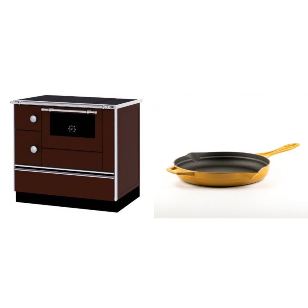 Set Küchenofen / Küchenhexe mit Backofen und Kochplatte Alfa Plam, Modell Alfa 90 H Favorit Braun Rechts, Leistung 6.4kW + Emaillierte Gusseisenpfanne Solagio, Dijon, Ф24cm