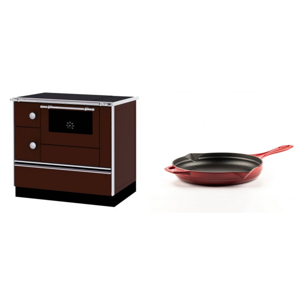 Set Küchenofen / Küchenhexe mit Backofen und Kochplatte Alfa Plam, Modell Alfa 90 H Favorit Braun Rechts, Leistung 6.4kW + Emaillierte Gusseisenpfanne Solagio, Rubin, Ф24cm