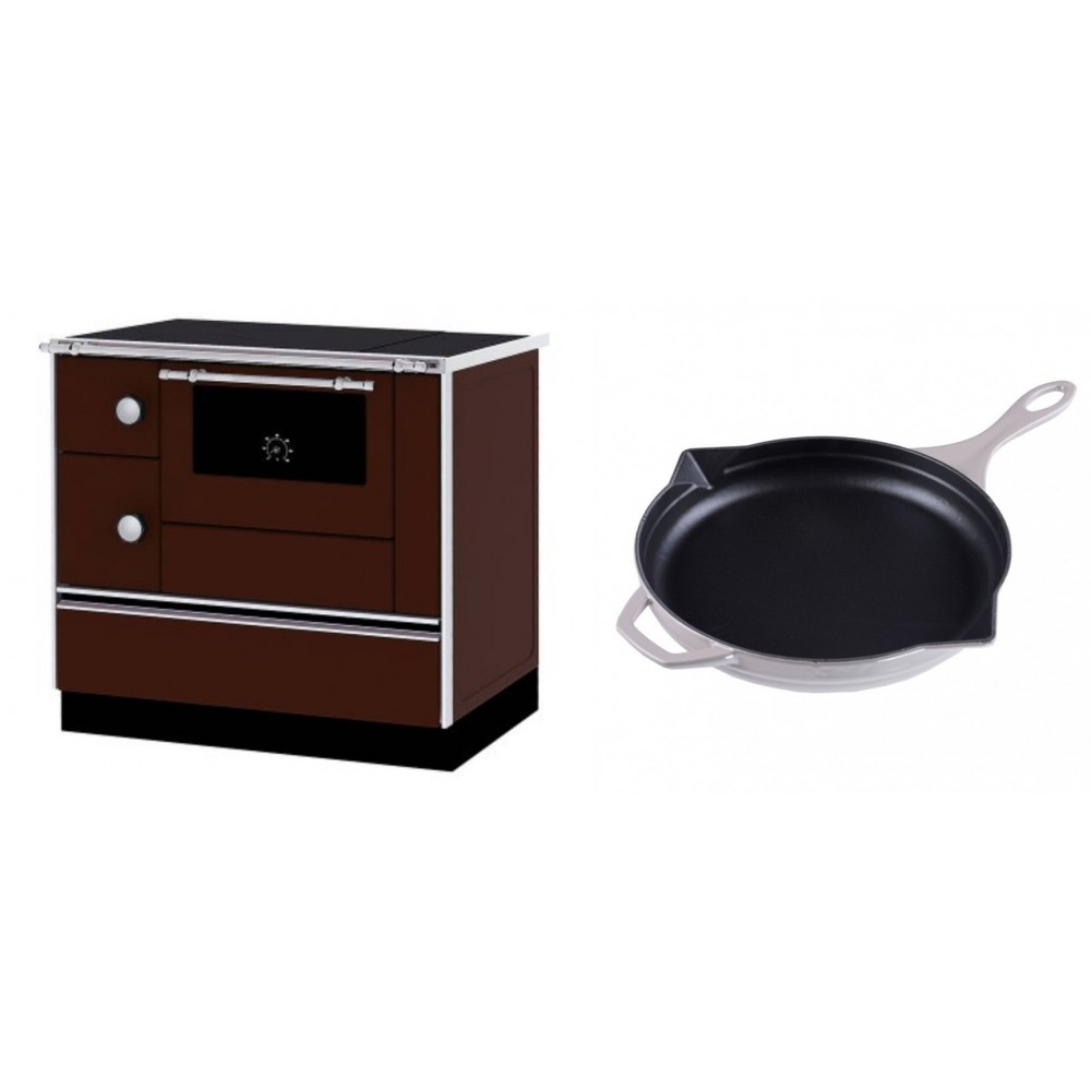 Set Küchenofen / Küchenhexe mit Backofen und Kochplatte Alfa Plam, Modell Alfa 90 H Favorit Braun Rechts, Leistung 6.4kW + Emaillierte Gusseisenpfanne Solagio, Ivory, Ф28cm