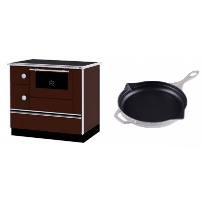 Set Küchenofen / Küchenhexe mit Backofen und Kochplatte Alfa Plam, Modell Alfa 90 H Favorit Braun Rechts, Leistung 6.4kW + Emaillierte Gusseisenpfanne Solagio, Ivory, Ф28cm - Kaminofen - Holzofen mit Backfach