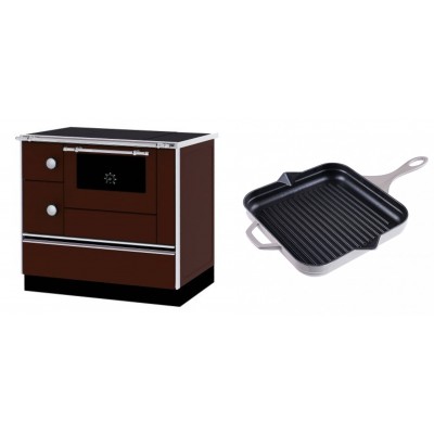 Set Küchenofen / Küchenhexe mit Backofen und Kochplatte Alfa Plam, Modell Alfa 90 H Favorit Braun Rechts, Leistung 6.4kW + Emaillierte grillpfanne Gusseisen Solagio, Ivory, 28x28cm - Kaminofen - Holzofen mit Backfach