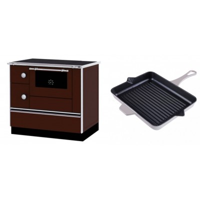 Set Küchenofen / Küchenhexe mit Backofen und Kochplatte Alfa Plam, Modell Alfa 90 H Favorit Braun Rechts, Leistung 6.4kW + Emaillierte grillpfanne Gusseisen Solagio, Ivory, 26x32cm - Kaminofen - Holzofen mit Backfach