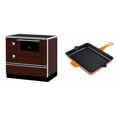Set Küchenofen / Küchenhexe mit Backofen und Kochplatte Alfa Plam, Modell Alfa 90 H Favorit Braun Rechts, Leistung 6.4kW + Emaillierte grillpfanne Gusseisen Solagio, Dijon, 26x32cm - Kaminofen - Holzofen mit Backfach