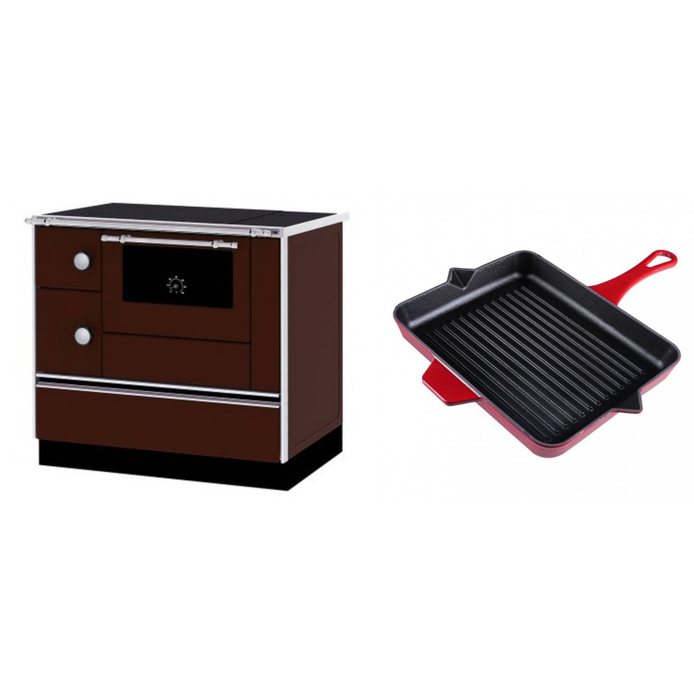 Set Küchenofen / Küchenhexe mit Backofen und Kochplatte Alfa Plam, Modell Alfa 90 H Favorit Braun Rechts, Leistung 6.4kW + Emaillierte grillpfanne Gusseisen Solagio, Rubin, 26x32cm