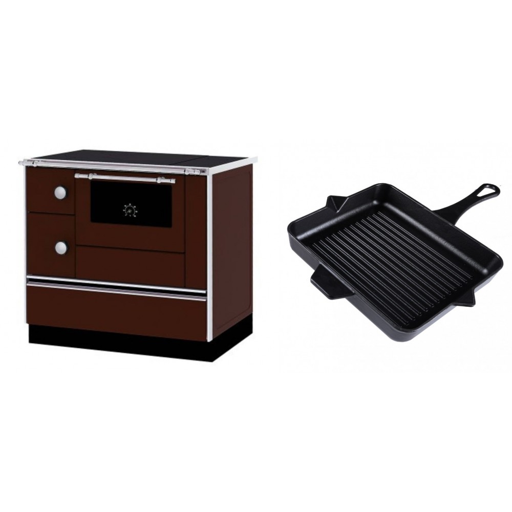 Set Küchenofen / Küchenhexe mit Backofen und Kochplatte Alfa Plam, Modell Alfa 90 H Favorit Braun Rechts, Leistung 6.4kW + Emaillierte grillpfanne Gusseisen Solagio, Black Onyx, 26x32cm