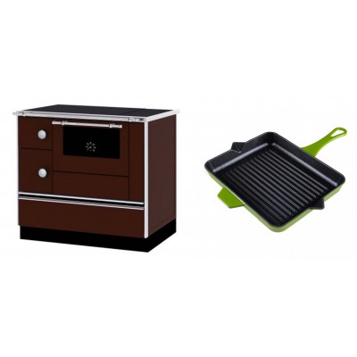 Set Küchenofen / Küchenhexe mit Backofen und Kochplatte Alfa Plam, Modell Alfa 90 H Favorit Braun Rechts, Leistung 6.4kW + Emaillierte grillpfanne Gusseisen Solagio, Bamboo, 26x32cm - Kaminofen - Holzofen mit Backfach
