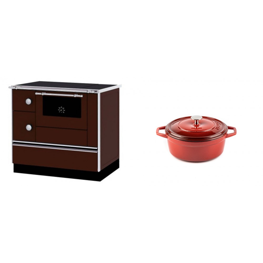 Set Küchenofen / Küchenhexe mit Backofen und Kochplatte Alfa Plam, Modell Alfa 90 H Favorit Braun Rechts, Leistung 6.4kW + Gusseisen Topf Tiefer Solagio, Rubin, Ф12 | Kaminofen - Holzofen mit Backfach | Kaminofen |