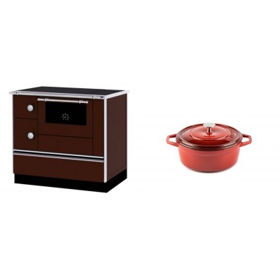 Set Küchenofen / Küchenhexe mit Backofen und Kochplatte Alfa Plam, Modell Alfa 90 H Favorit Braun Rechts, Leistung 6.4kW + Gusseisen Topf Tiefer Solagio, Rubin, Ф12 - Kaminofen - Holzofen mit Backfach