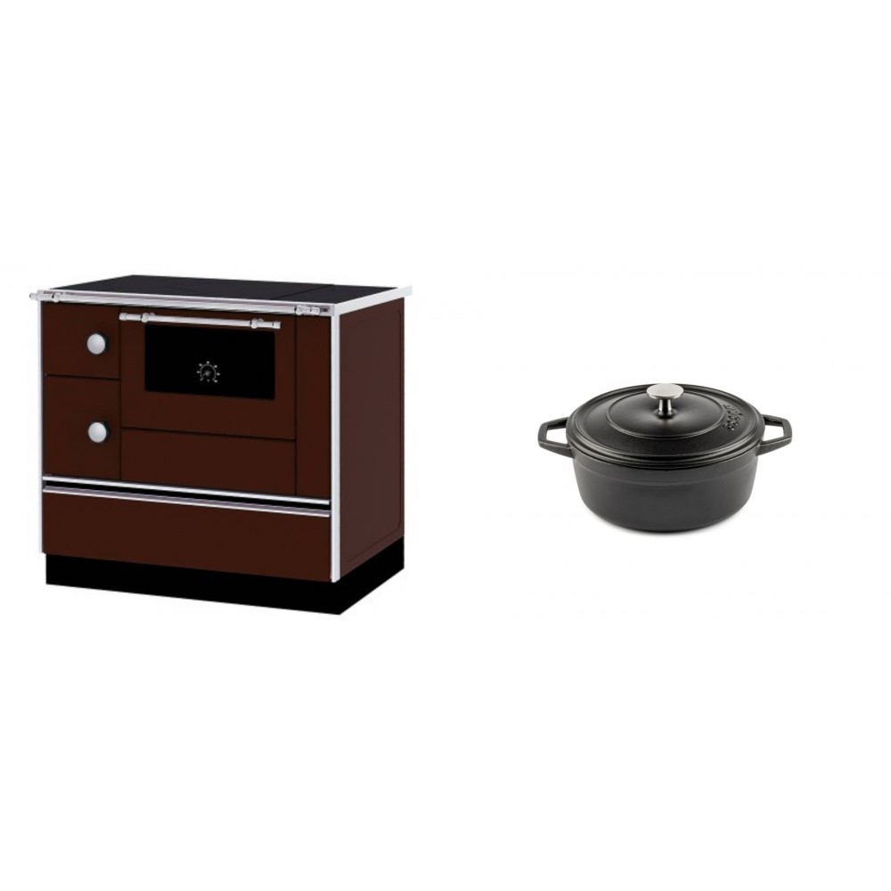 Set Küchenofen / Küchenhexe mit Backofen und Kochplatte Alfa Plam, Modell Alfa 90 H Favorit Braun Rechts, Leistung 6.4kW + Gusseisen Topf Tiefer Solagio, Black Onyx, Ф12 | Kaminofen - Holzofen mit Backfach | Kaminofen |