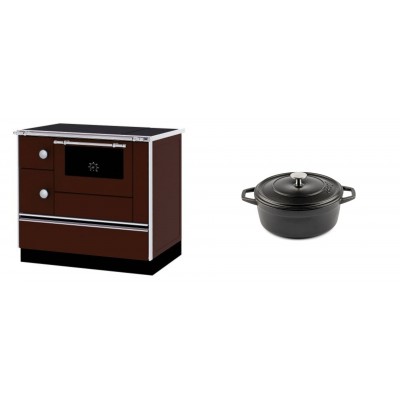 Set Küchenofen / Küchenhexe mit Backofen und Kochplatte Alfa Plam, Modell Alfa 90 H Favorit Braun Rechts, Leistung 6.4kW + Gusseisen Topf Tiefer Solagio, Black Onyx, Ф12 - Kaminofen - Holzofen mit Backfach