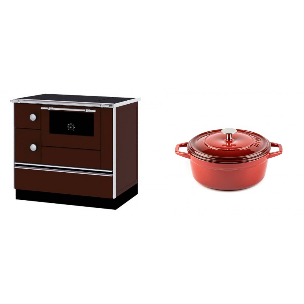 Set Küchenofen / Küchenhexe mit Backofen und Kochplatte Alfa Plam, Modell Alfa 90 H Favorit Braun Rechts, Leistung 6.4kW + Gusseisen Topf Tiefer Solagio, Rubin, Ф20 | Kaminofen - Holzofen mit Backfach | Kaminofen |
