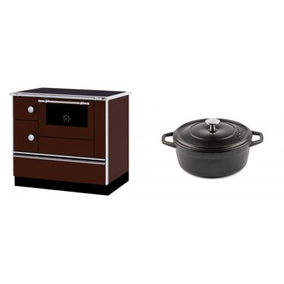 Set Küchenofen / Küchenhexe mit Backofen und Kochplatte Alfa Plam, Modell Alfa 90 H Favorit Braun Rechts, Leistung 6.4kW + Gusseisen Topf Tiefer Solagio, Black Onyx, Ф20 - Kaminofen - Holzofen mit Backfach