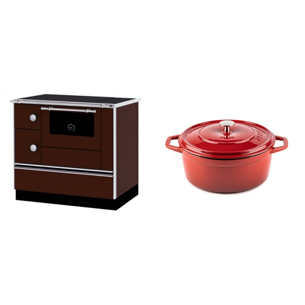 Set Küchenofen / Küchenhexe mit Backofen und Kochplatte Alfa Plam, Modell Alfa 90 H Favorit Braun Rechts, Leistung 6.4kW + Gusseisen Topf Tiefer Solagio, Rubin, Ф24