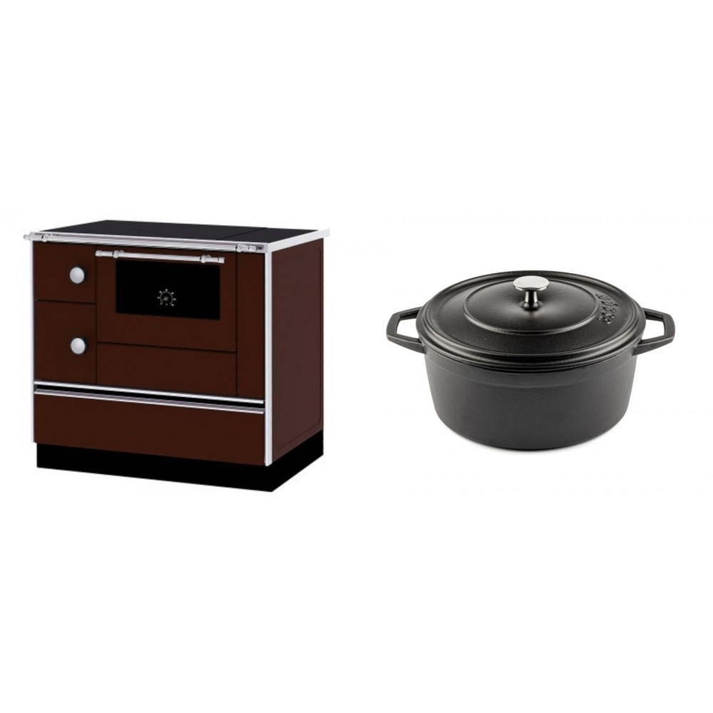 Set Küchenofen / Küchenhexe mit Backofen und Kochplatte Alfa Plam, Modell Alfa 90 H Favorit Braun Rechts, Leistung 6.4kW + Gusseisen Topf Tiefer Solagio, Black Onyx, Ф24 | Kaminofen - Holzofen mit Backfach | Kaminofen |