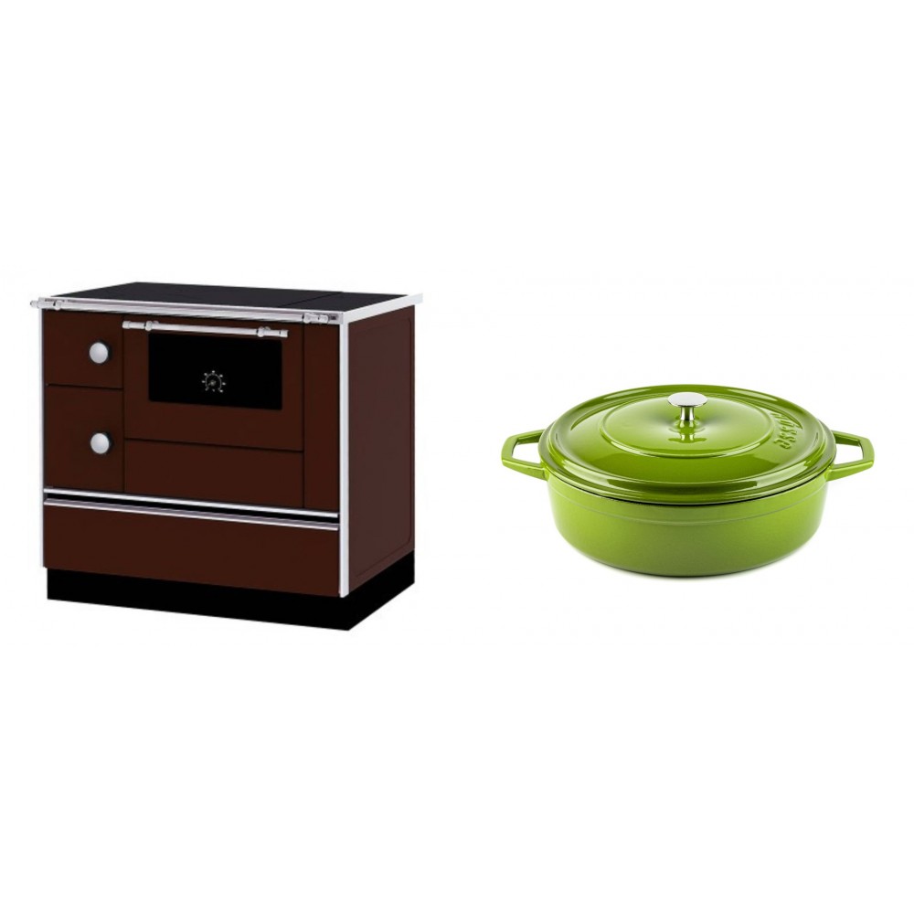 Set Küchenofen / Küchenhexe mit Backofen und Kochplatte Alfa Plam, Modell Alfa 90 H Favorit Braun Rechts, Leistung 6.4kW + Gusseisen Topf Flach Solagio, Bamboo, Ф26 | Kaminofen - Holzofen mit Backfach | Kaminofen |