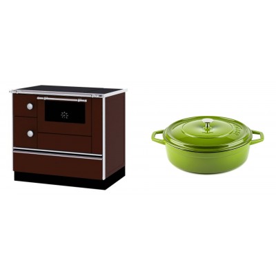 Set Küchenofen / Küchenhexe mit Backofen und Kochplatte Alfa Plam, Modell Alfa 90 H Favorit Braun Rechts, Leistung 6.4kW + Gusseisen Topf Flach Solagio, Bamboo, Ф26 - Kaminofen - Holzofen mit Backfach