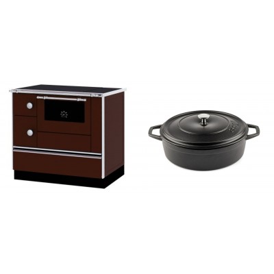 Set Küchenofen / Küchenhexe mit Backofen und Kochplatte Alfa Plam, Modell Alfa 90 H Favorit Braun Rechts, Leistung 6.4kW + Gusseisen Topf Flach Solagio, Black Onyx, Ф26 - Kaminofen - Holzofen mit Backfach