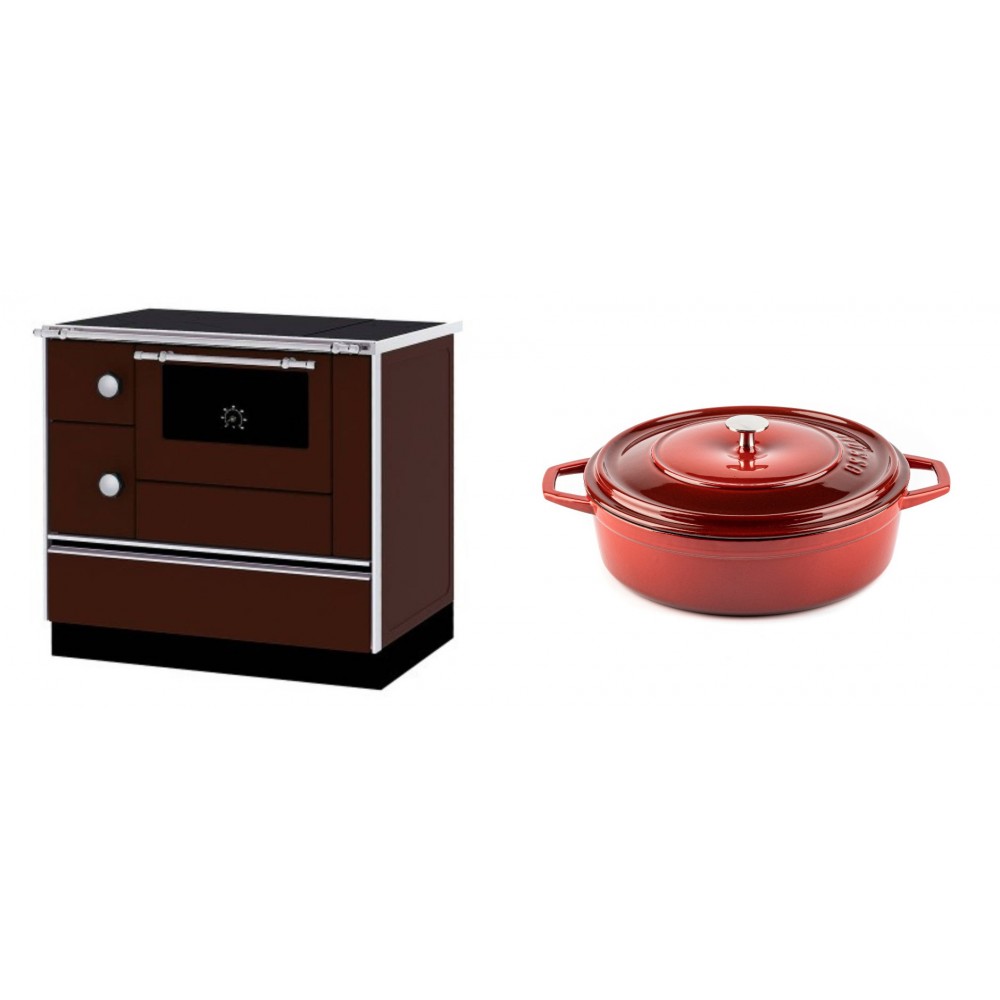 Set Küchenofen / Küchenhexe mit Backofen und Kochplatte Alfa Plam, Modell Alfa 90 H Favorit Braun Rechts, Leistung 6.4kW + Gusseisen Topf Flach Solagio, Rubin, Ф26 | Kaminofen - Holzofen mit Backfach | Kaminofen |