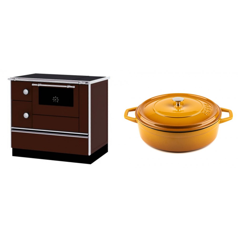 Set Küchenofen / Küchenhexe mit Backofen und Kochplatte Alfa Plam, Modell Alfa 90 H Favorit Braun Rechts, Leistung 6.4kW + Gusseisen Topf Flach Solagio, Dijon, Ф28