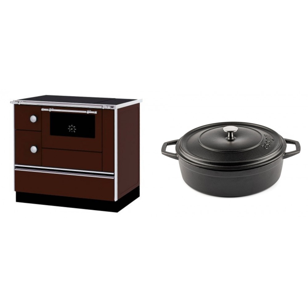 Set Küchenofen / Küchenhexe mit Backofen und Kochplatte Alfa Plam, Modell Alfa 90 H Favorit Braun Rechts, Leistung 6.4kW + Gusseisen Topf Flach Solagio, Black Onyx, Ф28 | Kaminofen - Holzofen mit Backfach | Kaminofen |