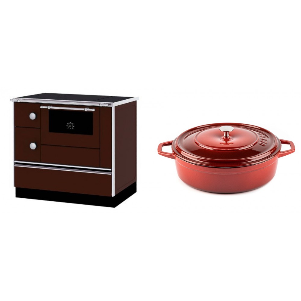Set Küchenofen / Küchenhexe mit Backofen und Kochplatte Alfa Plam, Modell Alfa 90 H Favorit Braun Rechts, Leistung 6.4kW + Gusseisen Topf Flach Solagio, Rubin, Ф28