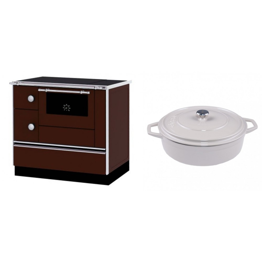 Set Küchenofen / Küchenhexe mit Backofen und Kochplatte Alfa Plam, Modell Alfa 90 H Favorit Braun Rechts, Leistung 6.4kW + Gusseisen Topf Flach Solagio, Ivory, Ф28 | Kaminofen - Holzofen mit Backfach | Kaminofen |