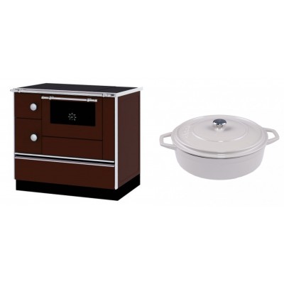 Set Küchenofen / Küchenhexe mit Backofen und Kochplatte Alfa Plam, Modell Alfa 90 H Favorit Braun Rechts, Leistung 6.4kW + Gusseisen Topf Flach Solagio, Ivory, Ф28 - Kaminofen - Holzofen mit Backfach