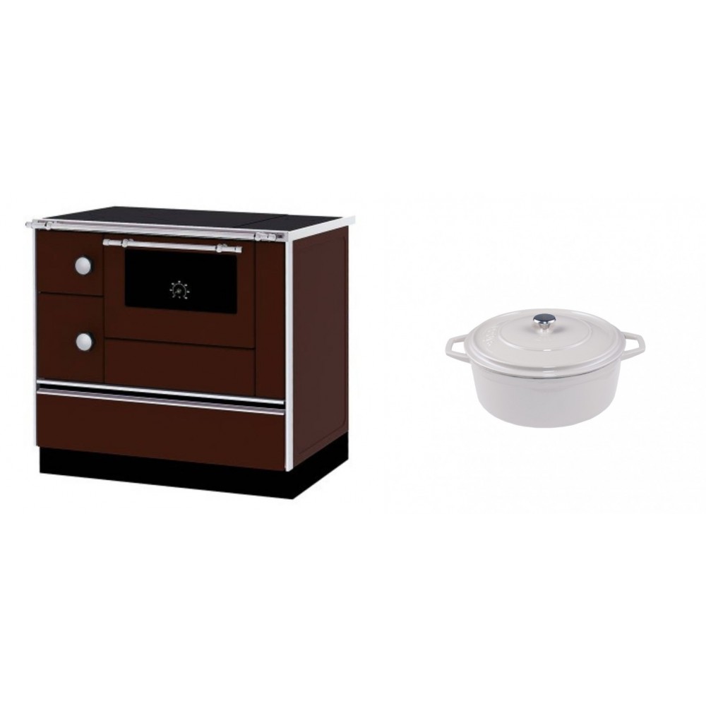 Set Küchenofen / Küchenhexe mit Backofen und Kochplatte Alfa Plam, Modell Alfa 90 H Favorit Braun Rechts, Leistung 6.4kW + Gusseisen Topf Tiefer Solagio, Ivory, Ф12