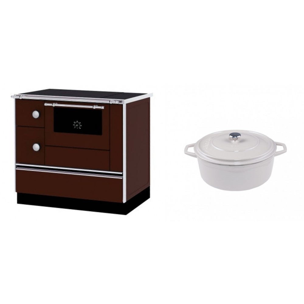 Set Küchenofen / Küchenhexe mit Backofen und Kochplatte Alfa Plam, Modell Alfa 90 H Favorit Braun Rechts, Leistung 6.4kW + Gusseisen Topf Tiefer Solagio, Ivory, Ф20