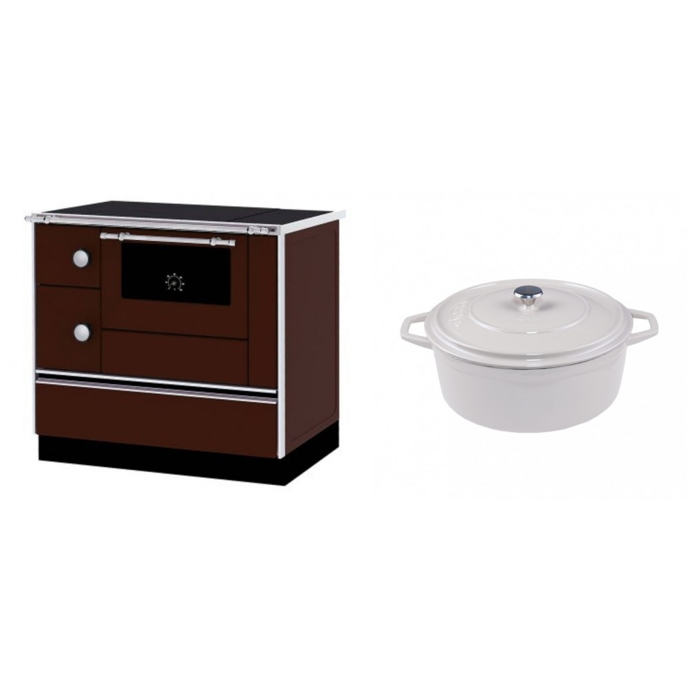 Set Küchenofen / Küchenhexe mit Backofen und Kochplatte Alfa Plam, Modell Alfa 90 H Favorit Braun Rechts, Leistung 6.4kW + Gusseisen Topf Tiefer Solagio, Ivory, Ф24 | Kaminofen - Holzofen mit Backfach | Kaminofen |