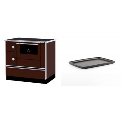 Set Küchenofen / Küchenhexe mit Backofen und Kochplatte Alfa Plam, Modell Alfa 90 H Favorit Braun Rechts, Leistung 6.4kW + Rechteckige Servierplatte aus Gusseisen Solagio, 21x31cm - Kaminofen - Holzofen mit Backfach